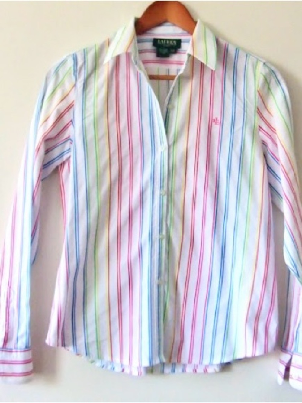 VTG Y2K LRL Ralph Lauren Petite Pastel Rainbow Stripe Button Up Shirt P/S 2000s